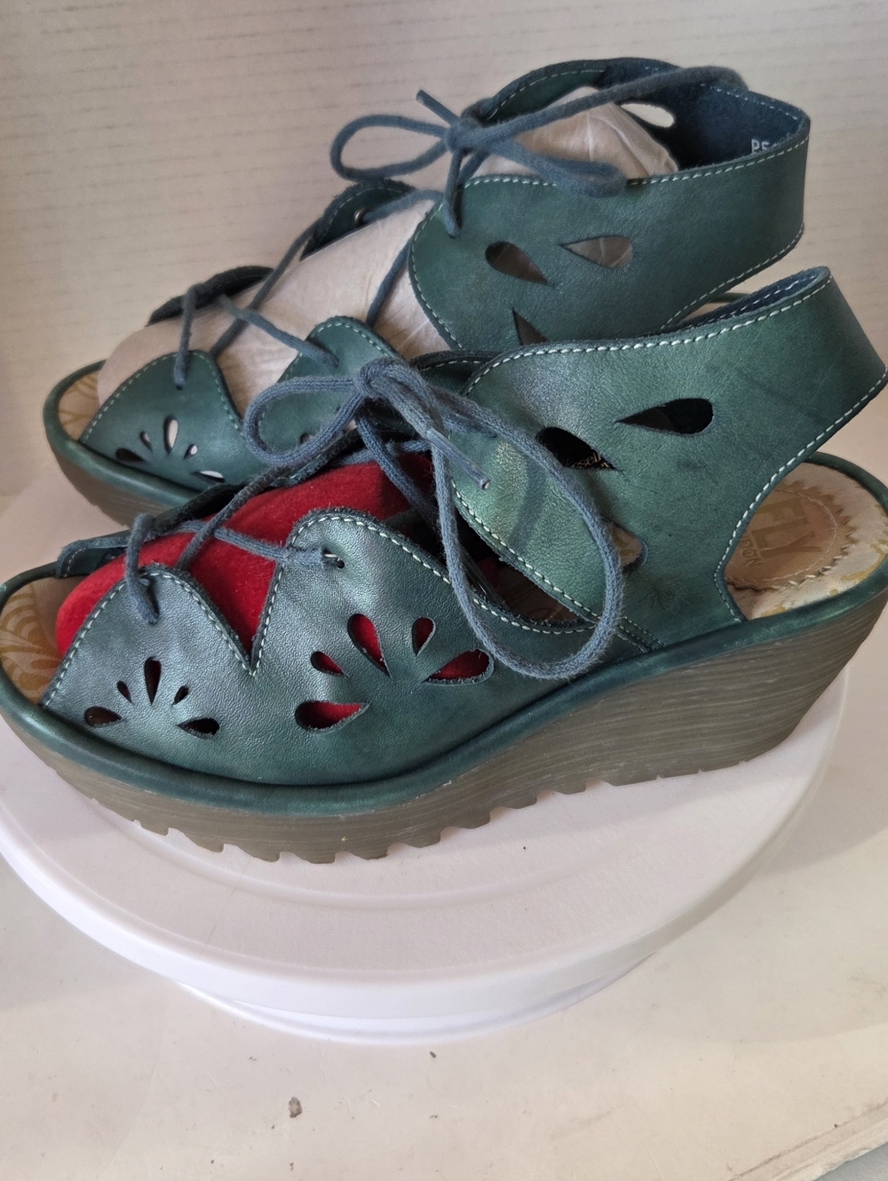 Fly London Women’s Teal Lace-Up Wedge Leather Sandals Size 37 Or 6.5